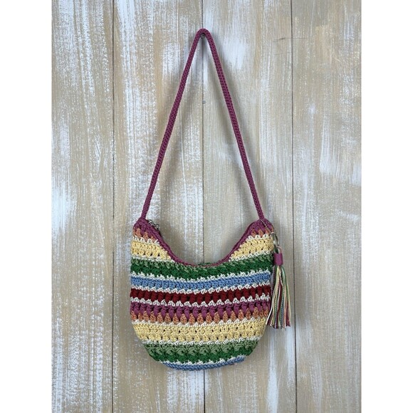 THE SAK Rainbow Crochet Crossbody Bag Boho Festival 9" x 9" Pink Tassel Keychain - Picture 1 of 14